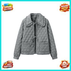 Quilted Cropped Puffer Jacket Long Sleeve Bow Tie Elegant Winter Chic Outerwear